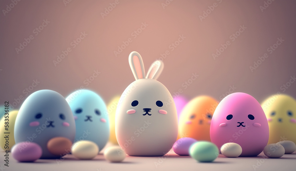 Kawaii easter bunny with easter eggs created with Generative AI