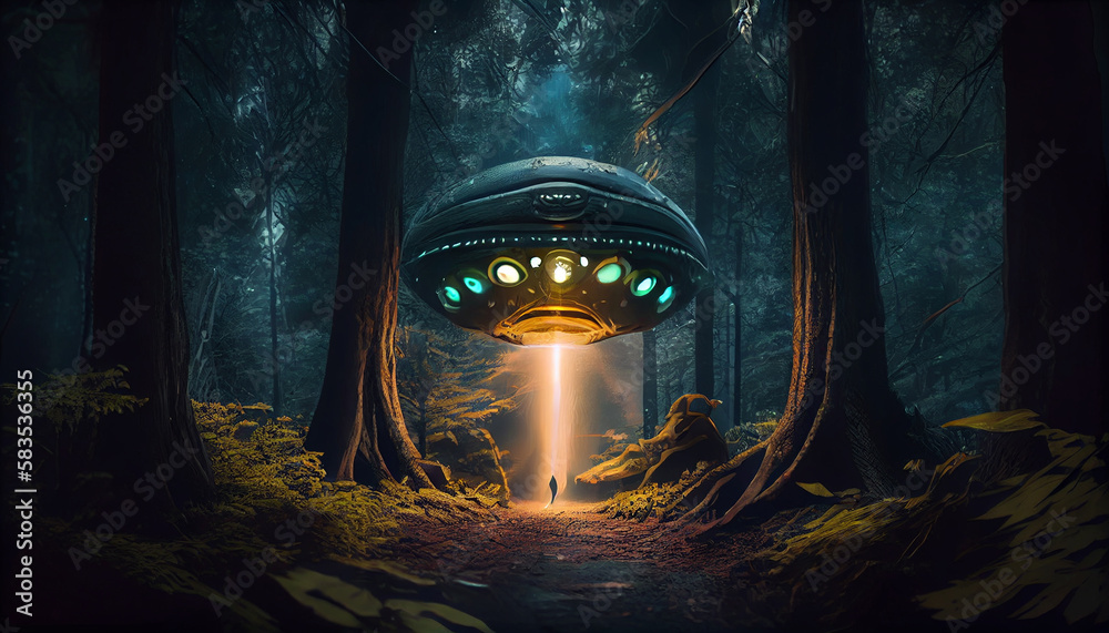 Obraz premium Flying alien saucer. Beautiful view. Generative Ai