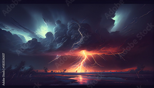 Thunderstorm and lightning in the sky. Generative Ai