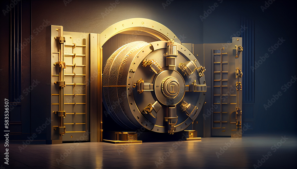Gold bank vault door with a combination lock. Generative Ai - obrazy, fototapety, plakaty 