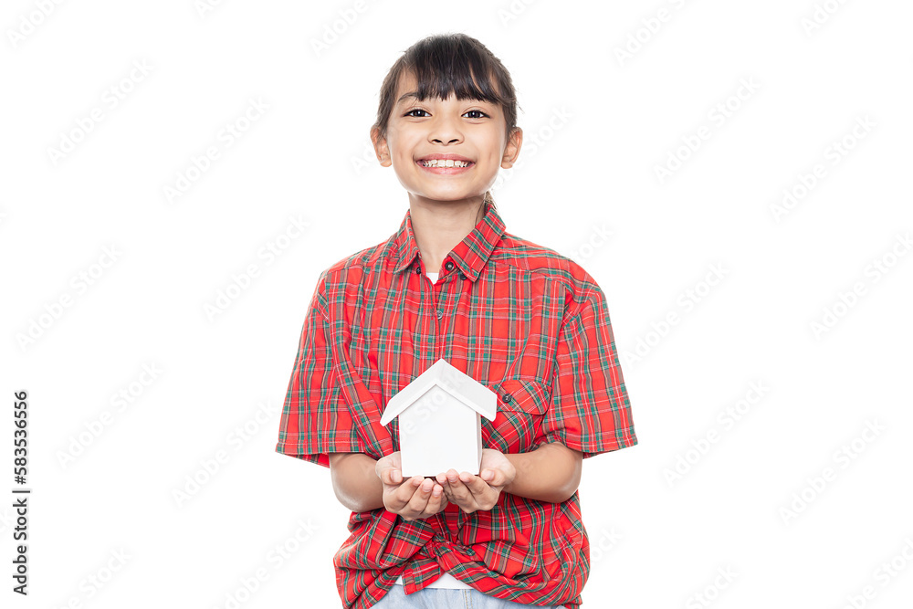 Asian girl smiling and holding home model isolated on white background with clipping path. Asian girl smiling and holding home model isolated on white background with clipping path.