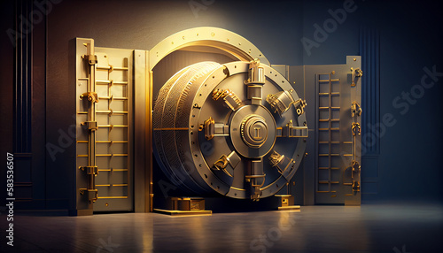 Gold bank vault door with a combination lock. Generative Ai photo