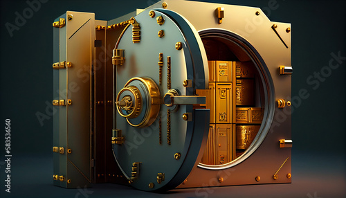 Gold bank vault door with a combination lock. Generative Ai