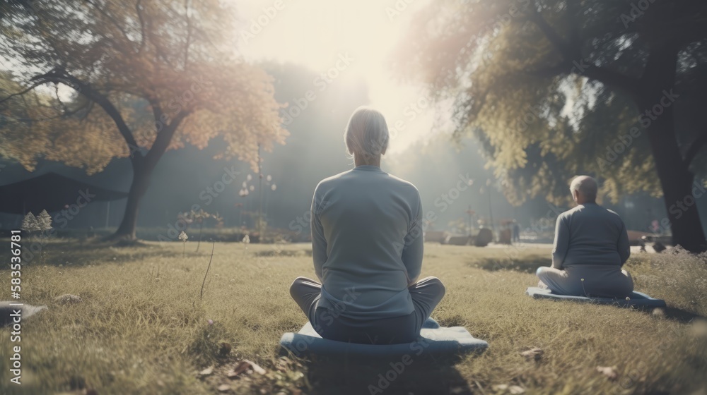 elderly people meditaing in the park, made with generated ai