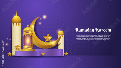 crescent moon and golden lantern on the podium. welcome ramadan kareem and eid mubarak