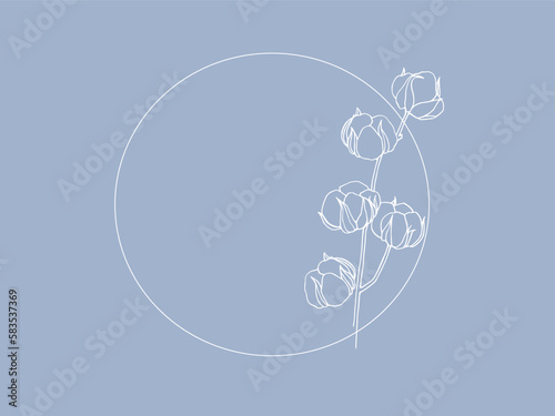 Wreath of cotton on a blue background, a thin circle with a sprig of cotton, vector illustration
