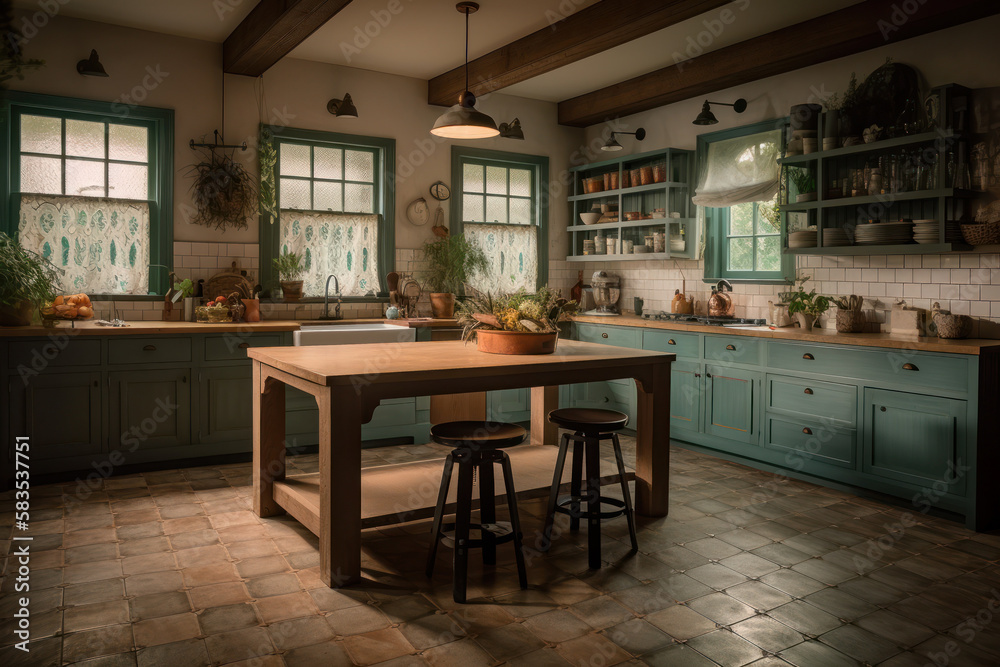 Farmhouse kitchen interior design. Generative AI