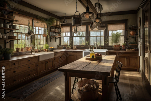 Farmhouse kitchen interior design. Generative AI