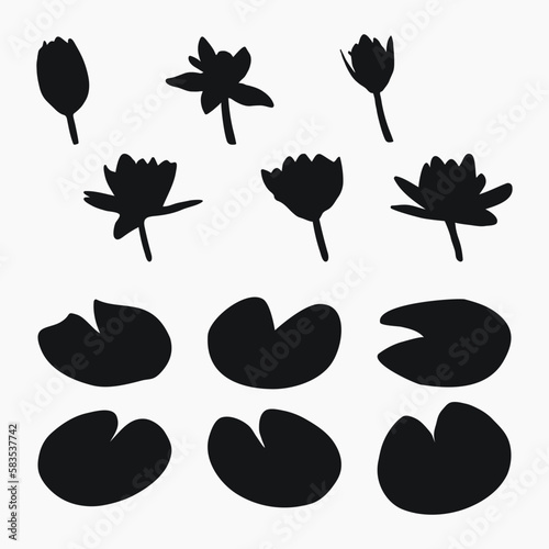 Real modern silhouettes plants, herbs. Drawing flowers water lily, nymphaea. Flat design art design template.