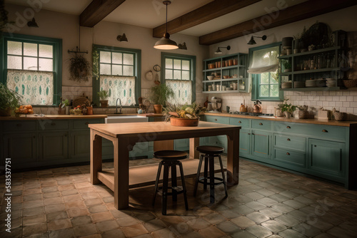 Farmhouse kitchen interior design. Generative AI