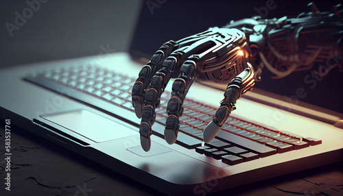 Robot hand on a laptop keyboard. Generative Ai