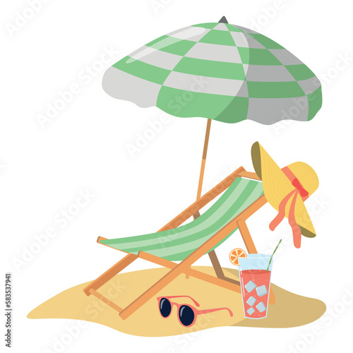 Summer beach with sling chair and parasol. Island vacation landscape. Cartoon vector illustration. Design for postcards and banners. Vector illustration in flat style