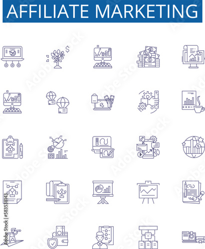 Affiliate marketing line icons signs set. Design collection of Affiliate, Marketing, Advertising, Promotion, Commission, Revenue, Network, Online outline concept vector illustrations