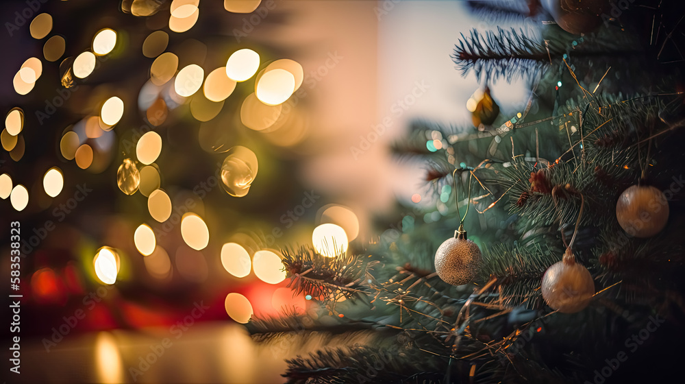 close up of Xmas tree with snow decorated with garland lights. Generative Ai. Winter, holiday, festive, seasonal, Christmas.
close up of Xmas tree with snow decorated with garland lights. Generative Ai. Winter, holiday, festive, seasonal, Christmas.