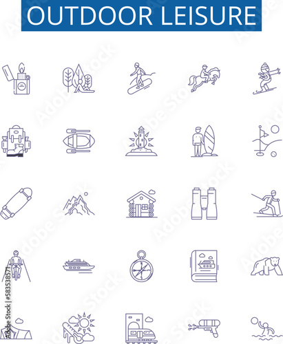Outdoor leisure line icons signs set. Design collection of Camping, Hiking, Fishing, Kayaking, Biking, Swimming, Boating, Climbing outline concept vector illustrations