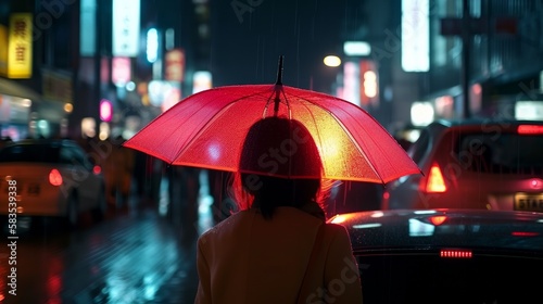 rear view of people standing in the middle of intersection busy street city downtown at night hand hold red umbrella in raining night  image ai generate