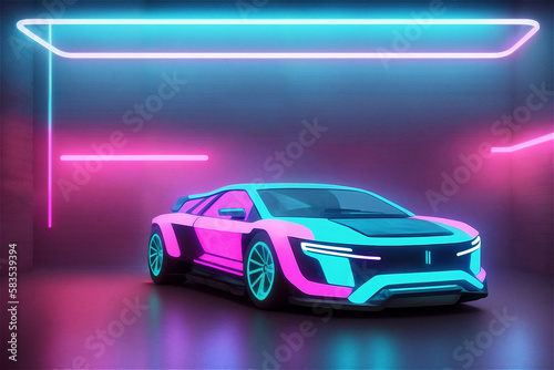 future cyber car neon lights showroom created with Generative AI technology