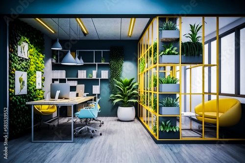 Bureau de startup avec plantes - Générative IA © Concept Photo Studio