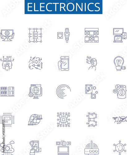 Electronics line icons signs set. Design collection of electronics, gadgets, technology, devices, appliances, consoles, circuit, components outline concept vector illustrations