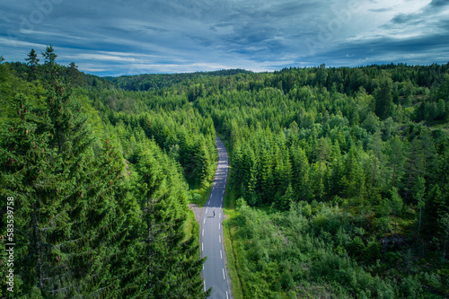 Person Longboarding Through a Scenic Forest Road in Norway Captured by a Drone