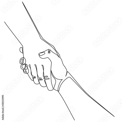 Continuous line drawing Helping hand concept. Gesture, sign of help and hope. Two hands taking each other. Isolated illustration on white background.