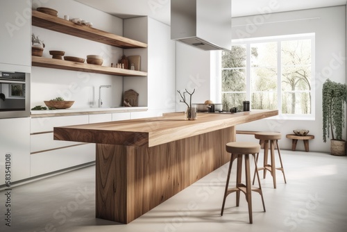 zen vibe over modern minimalist white and wooden kitchen with island and stools, white architectural interior design, close up of an antique wooden table top or shelf,. Generative AI