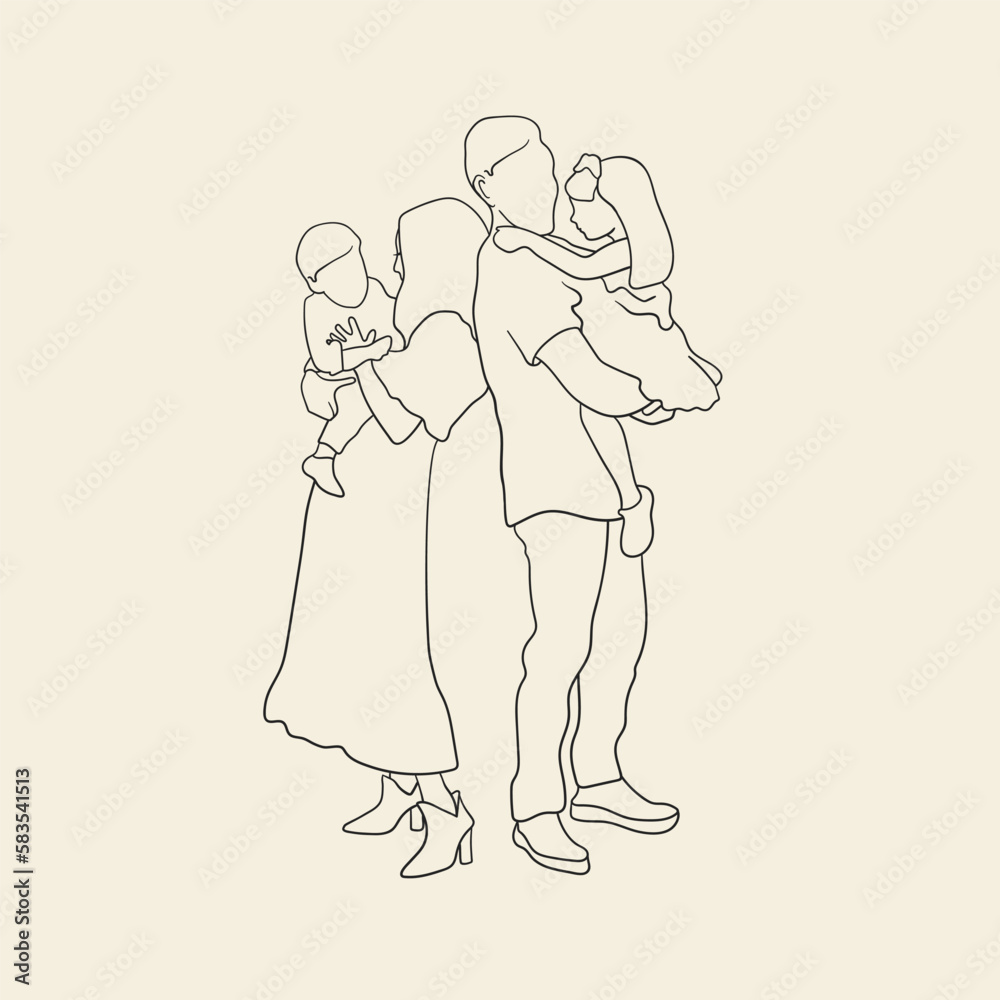 Obraz premium Happy family line art on yellow background in line art style. Vector illustration in minimalist style. Mother day design
