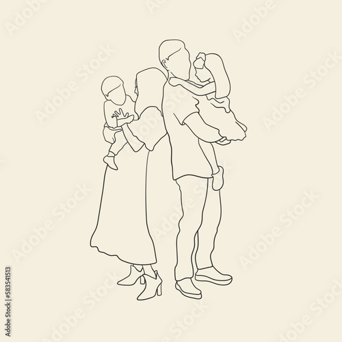 Happy family line art on yellow background in line art style. Vector illustration in minimalist style. Mother day design
