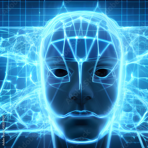 AI Künstliche Intelligenz ein blau leuchtender Roboter Kopf