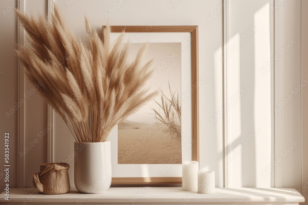 A flatlay of pampas grass, a canvas mockup with an empty wooden frame, dry grass in the sun, and deep shadows. Background of white wainscot wall paneling. Nordic style interior. Generative AI