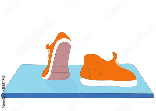 Back view of men fashion shoes, classic shoe design, walking steps. Vector of a pair of orange gumshoes or skate footwear. Stylish male shoes, loafers, sneakers, boat shoes, converse or sports shoes