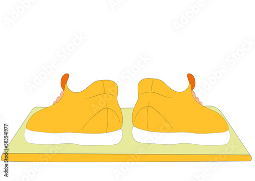 Back view of men fashion shoes, classic shoe design, walking steps. Vector of a pair of yellow gumshoes or skate footwear. Stylish male shoes, loafers, sneakers, boat shoes, converse or sports shoes