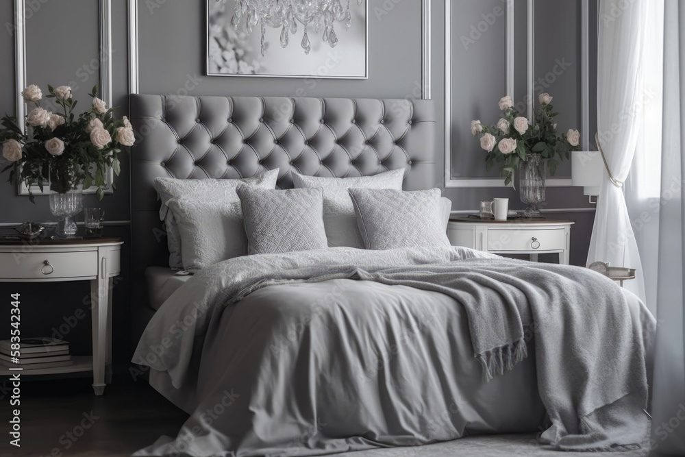 Fototapeta premium A grey bedroom with elegant decor and basic bedding with white flowers in a vase. Generative AI