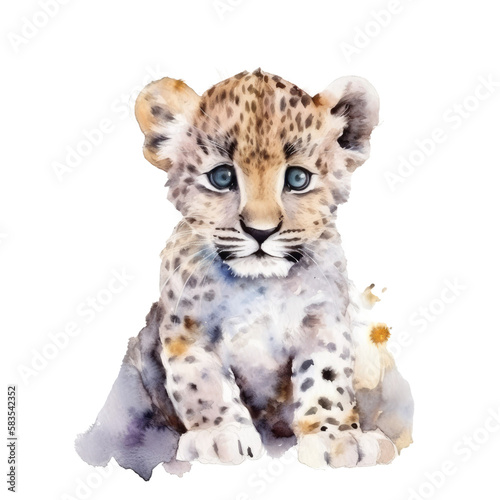 watercolor baby Leopard  isolated on transparent, ai generated