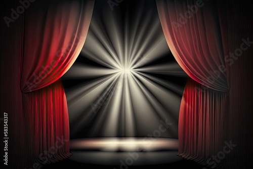 A dramatic red curtain illuminated by a single spotlight  hinting at the anticipation and excitement of a thrilling theatre performance. Generated by AI.
