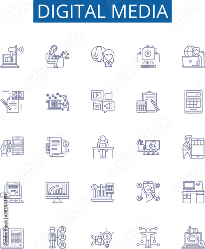 Digital media line icons signs set. Design collection of Digital, Media, Technology, Internet, Social, Networking, Content, Video outline concept vector illustrations