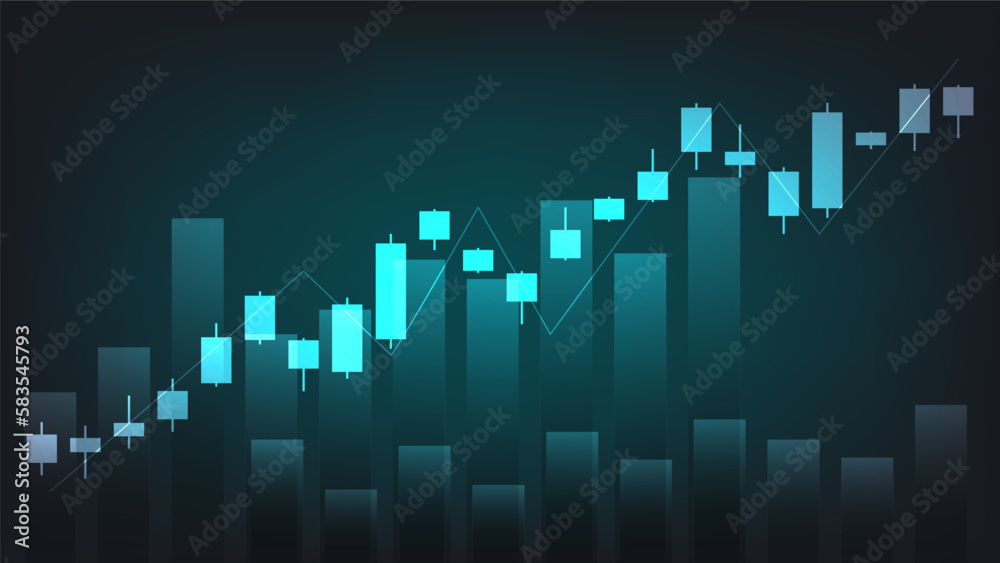 Financial business statistics with bar graph and candlestick chart show stock market price on dark green background