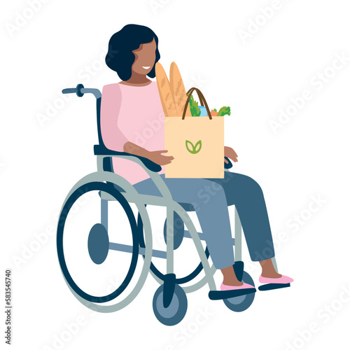 Disabled woman with fresh food package. Shopping. Healthy food. Active lifestyle. Vector illustration isolated on white background.