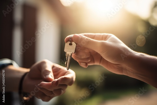 Unlocking Your Dream: Holding the Keys to Your New Sweet Home, hand hold keys in blurry new house apartment background, GENERATIVE AI