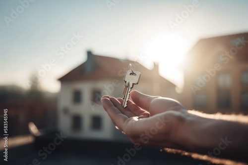 Hand Holding house keys outdoors, closeup with space for text. Real estate agent, GENERATIVE AI
