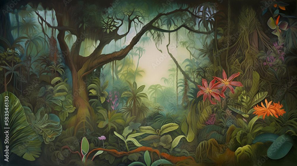 Fototapeta premium dreamy fantasy deep jungle lush vegetation and flowers , generative ai