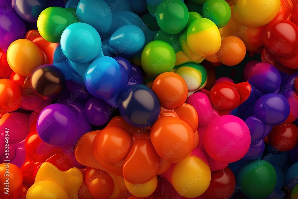 Bright abstract background of jumble of rainbow colored balloons celebrating gay pride, Generative AI