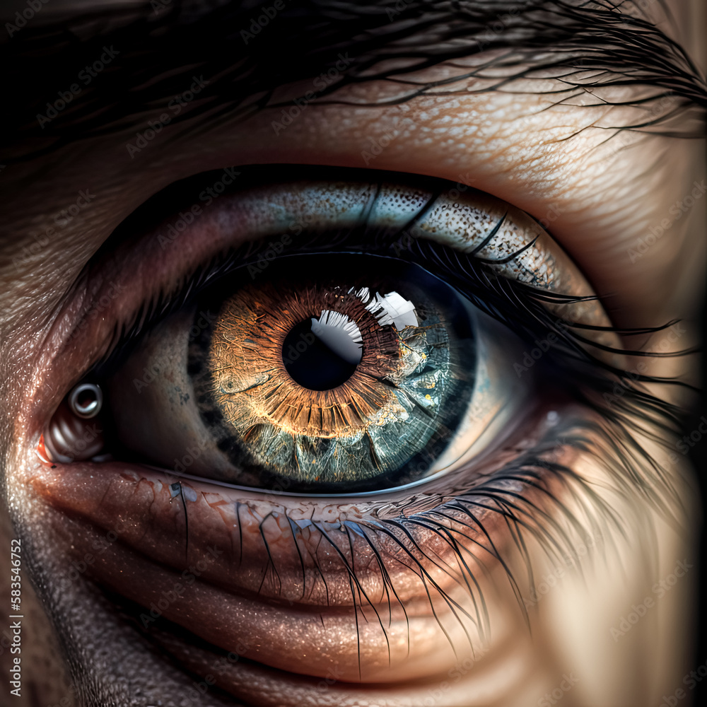 A sentence describing the image A human eye with an intricate iris