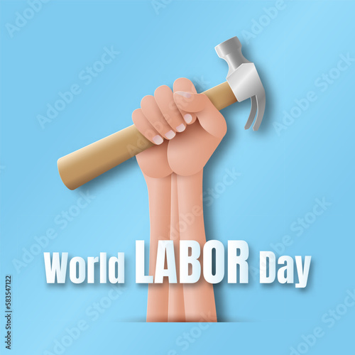 World Labor Day with hand and hammer, paper cut style