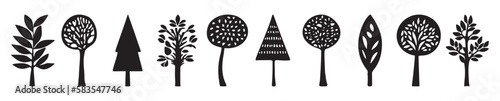 Monochrome forest tree bordure, edging of woodland trim for botanical linear strip. 