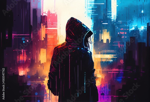 Watercolor Illustration of a A Silhouette Standing In A Rainy Futuristic Cyber City With Neon Lights. Generative AI