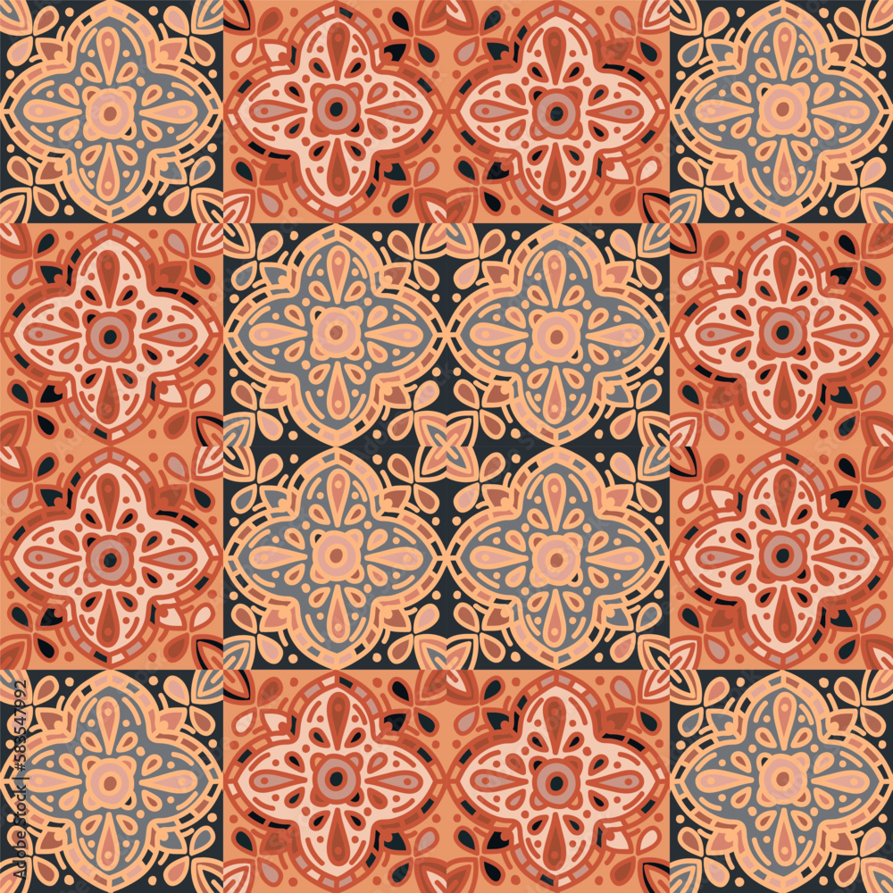 Seamless pattern with mandalas mosaic. Abstract geometric ornamental wallpaper. Vintage decorative tile