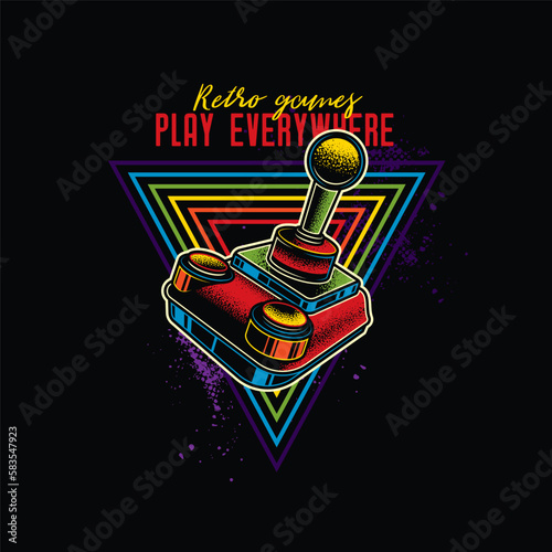 Retro joystick from 8-bit consoles. Vector illustration in neon style. T-shirt design, design element.