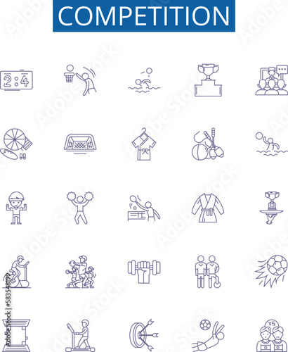 Competition line icons signs set. Design collection of Contest, Race, Duel, Clash, Struggle, Vying, Pit, Trial outline concept vector illustrations