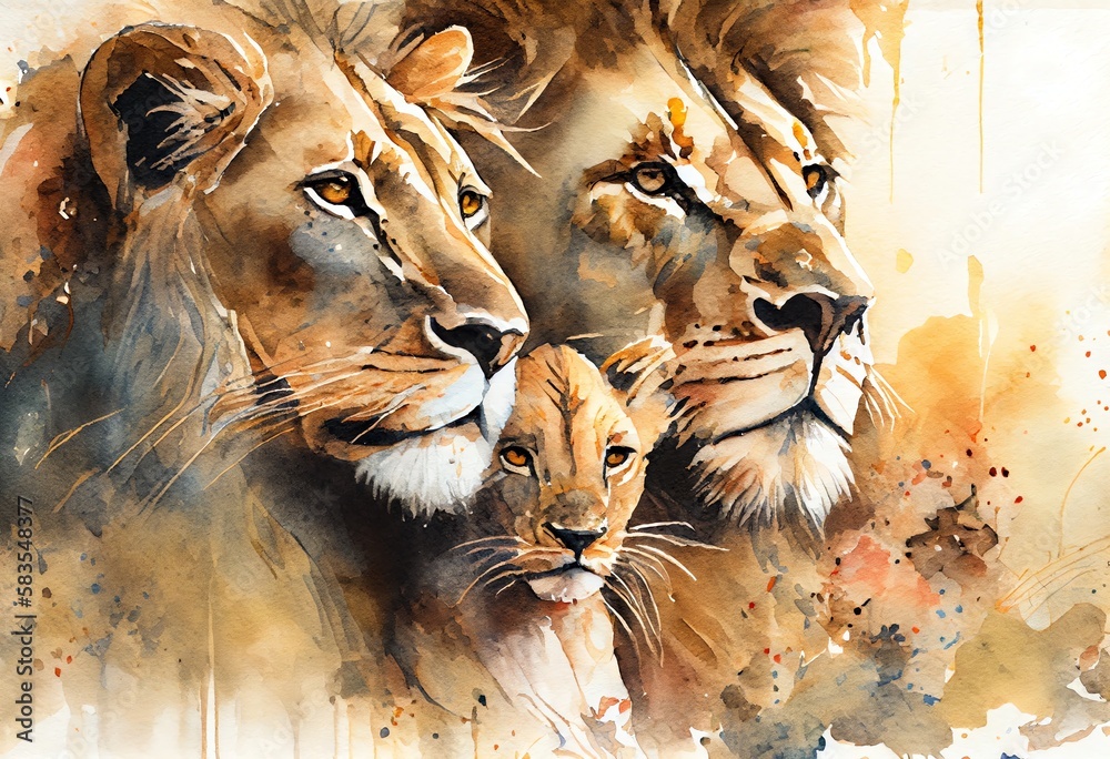 Φωτογραφία Watercolor Illustration of a Close Up Of A Lion Family